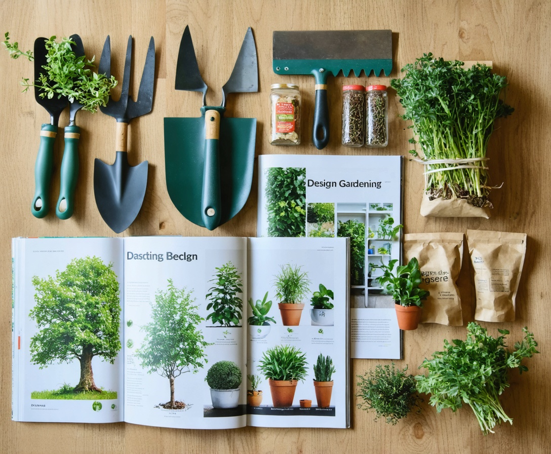 Садовые инструменты и чертежи на деревянном столе