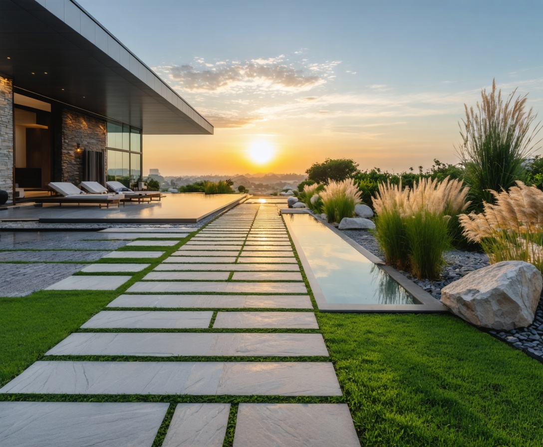 Современный сад с декоративными травами и стильной дорожкой из камня