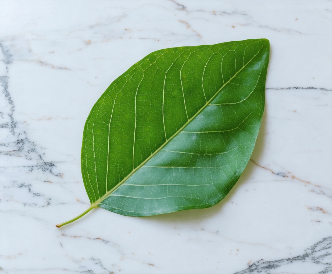 Минималистичный фон с зеленым листом на мраморной поверхности