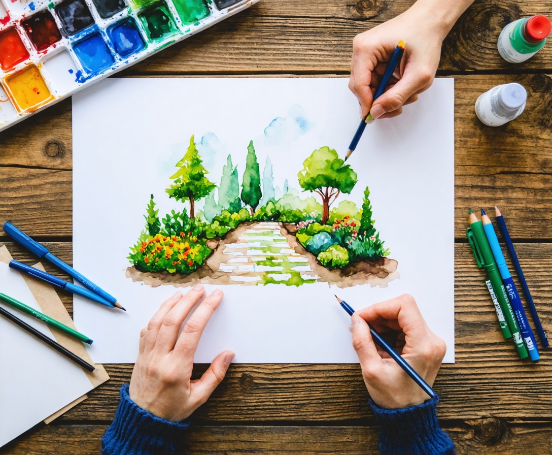 Процесс зарисовки плана сада