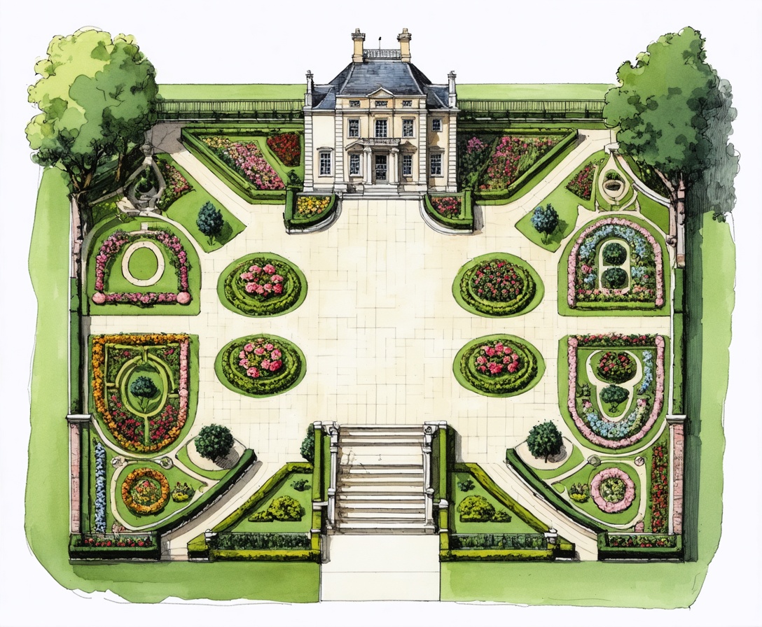 Архитектурный план классического английского сада, нарисованный вручную