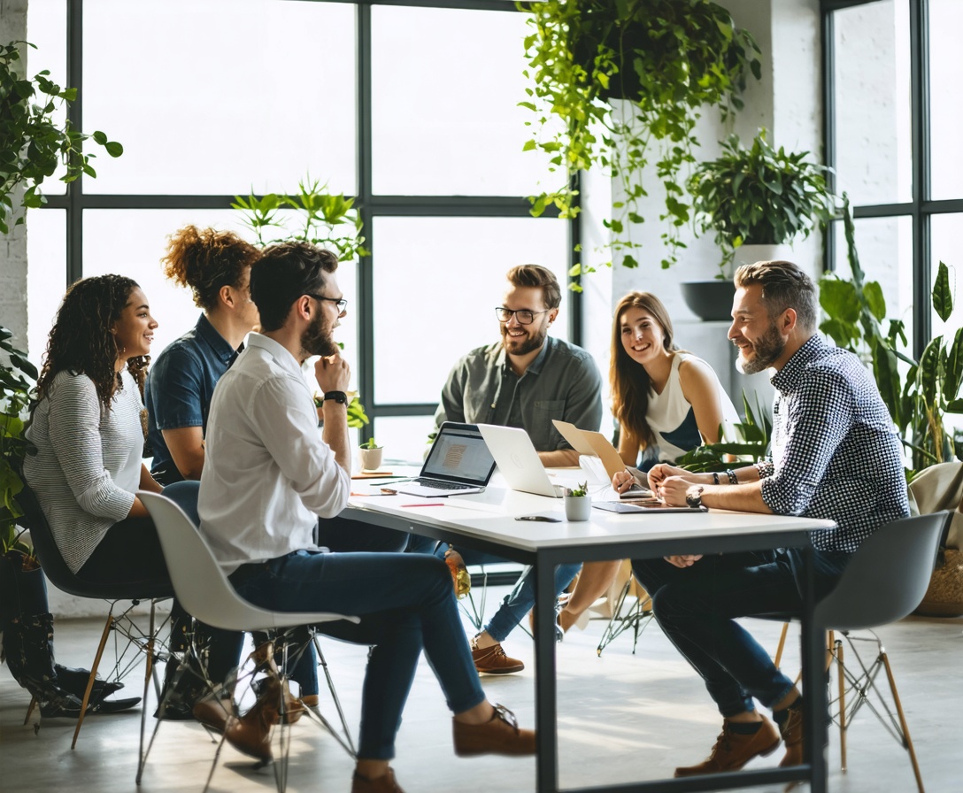 Команда архитекторов Зелёный Код в современном офисе за обсуждением проекта